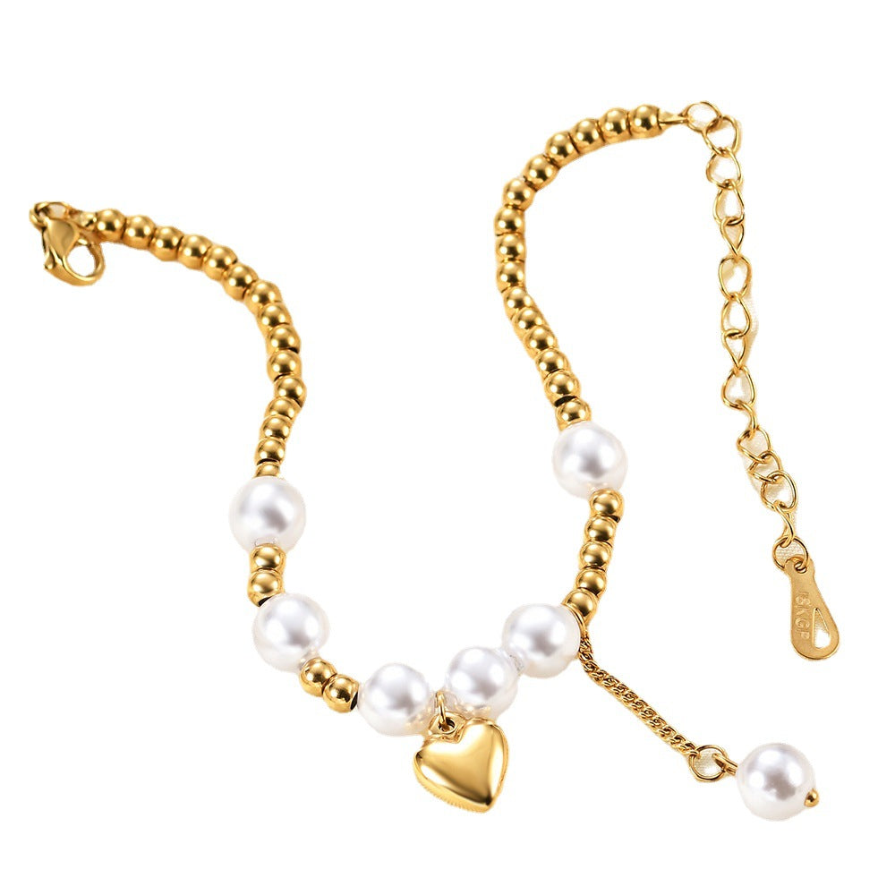 Wholesale Titanium Steel Vintage Heart Stitching Pearl Bracelet