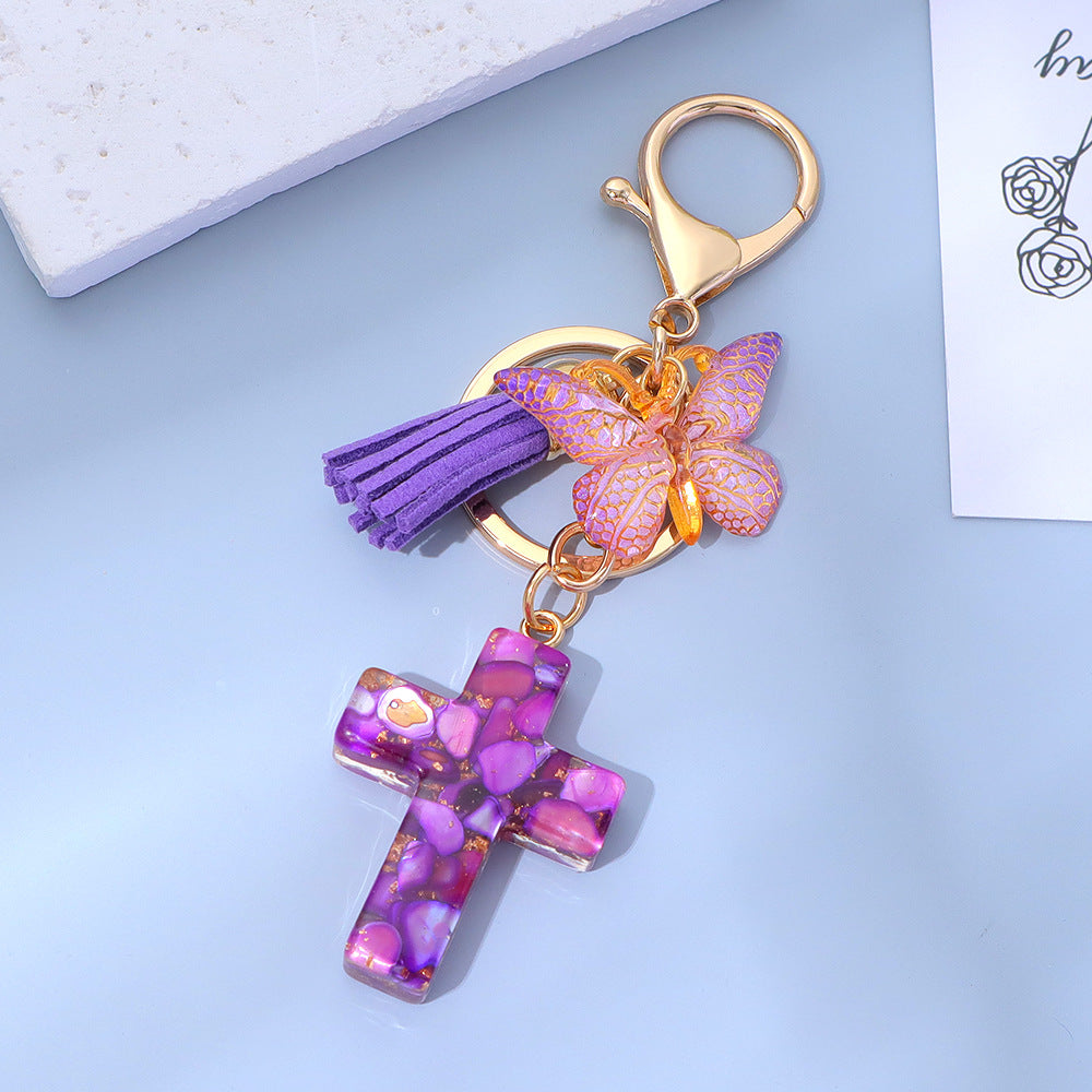 Wholesale Little Fresh Resin Butterfly Cross Keychain Tassel Bag Pendant Boutique Resale