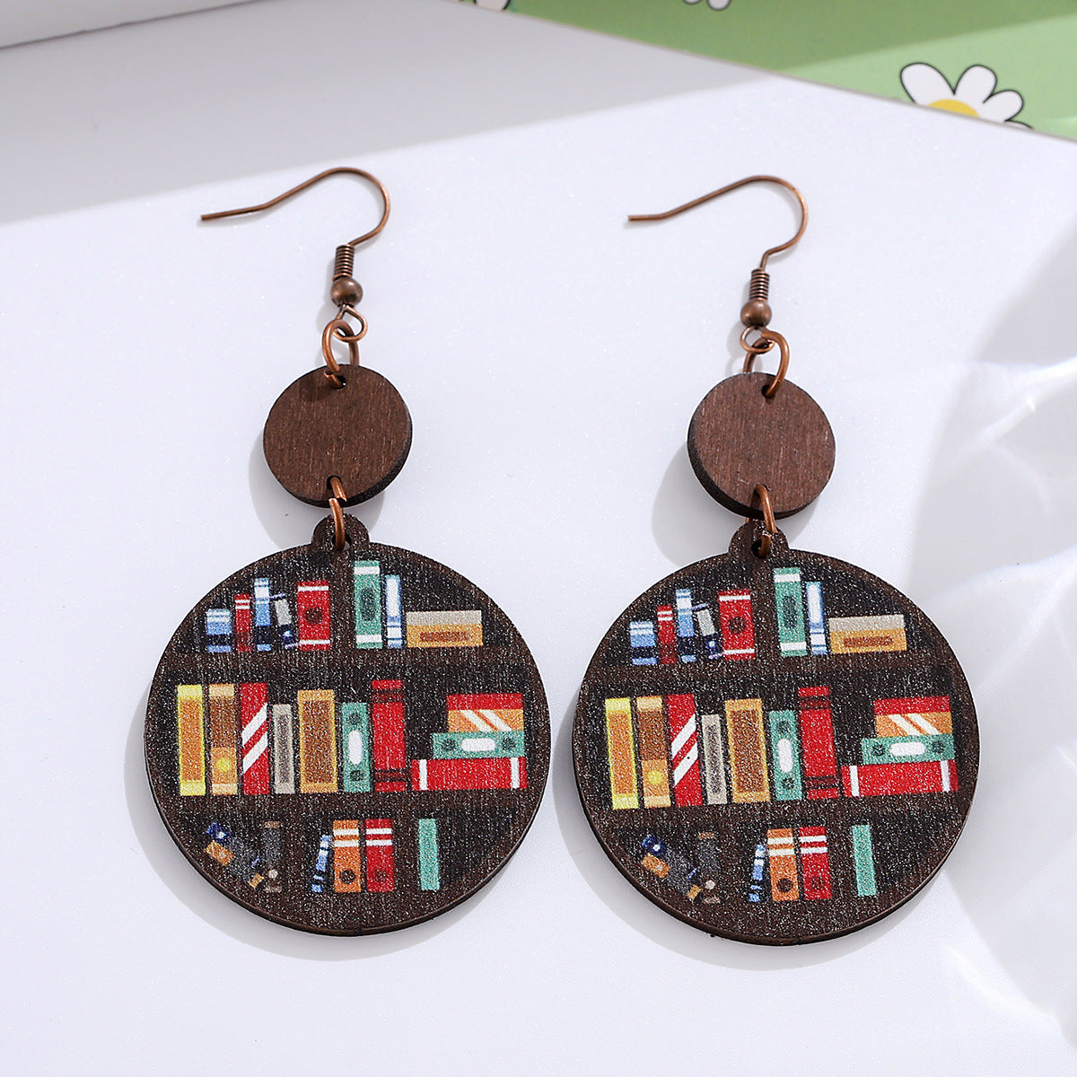 Wholesale Bookshelf round piece stitching pendant earrings