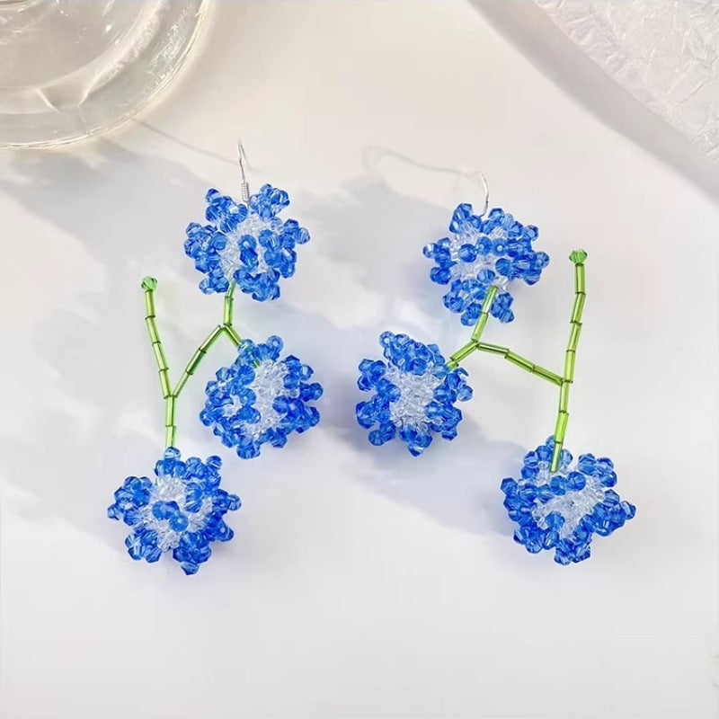 Wholesale Blue Beaded Flower Long Tassel Earrings