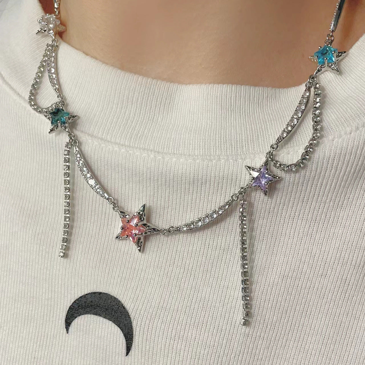 Wholesale Colorful zircon star long tassel necklace