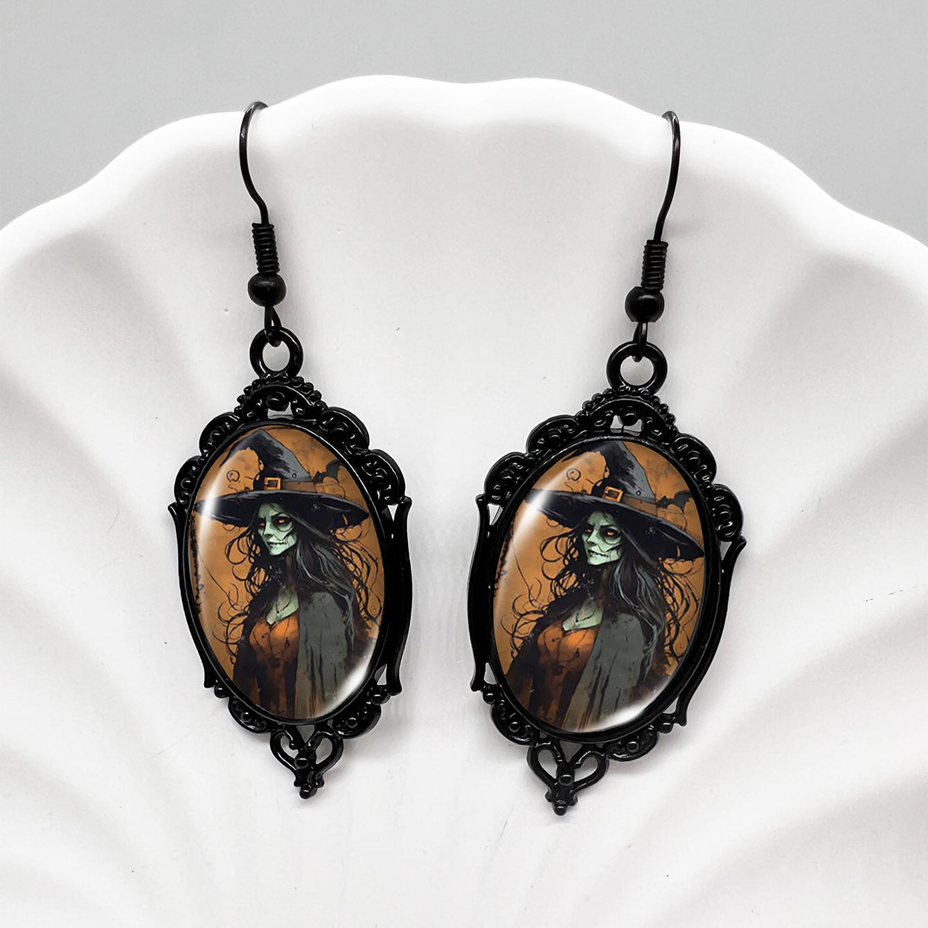 Wholesale Halloween Crow Skull Oval Lace Witch Pumpkin Black Cat Moon Metal Earrings ACCVIP-ES-XiangLian006