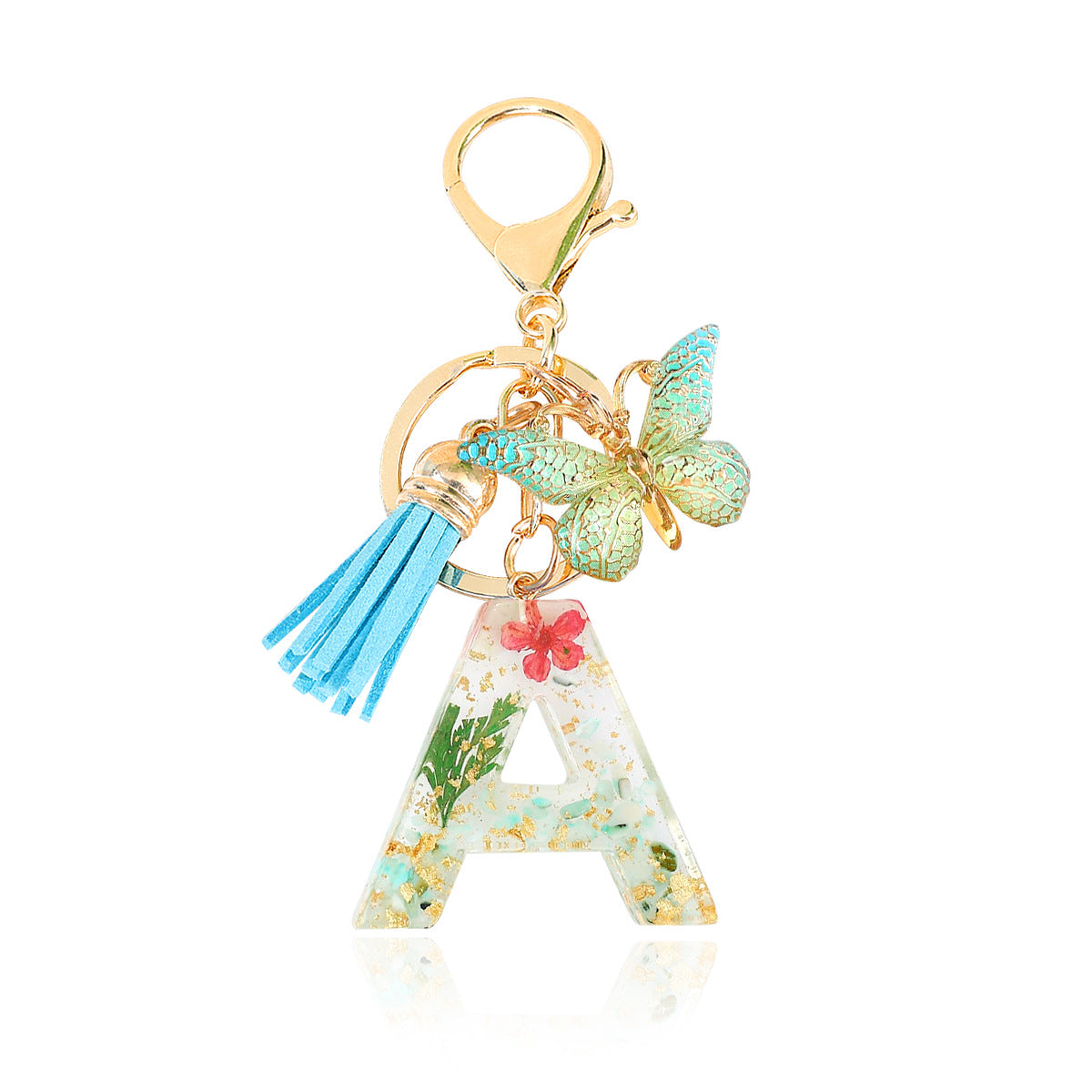 Wholesale Epoxy Green English Letter Dried Flower Crystal Keychain