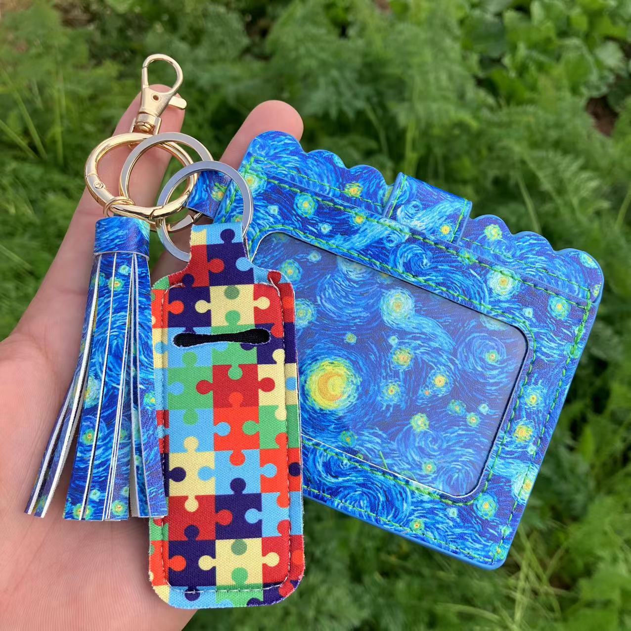 Wholesale Leopard Print Sunflower Butterfly Lipstick Case Card Holder Keychain Wristlet Keychain ACC-KC-QiuXue018