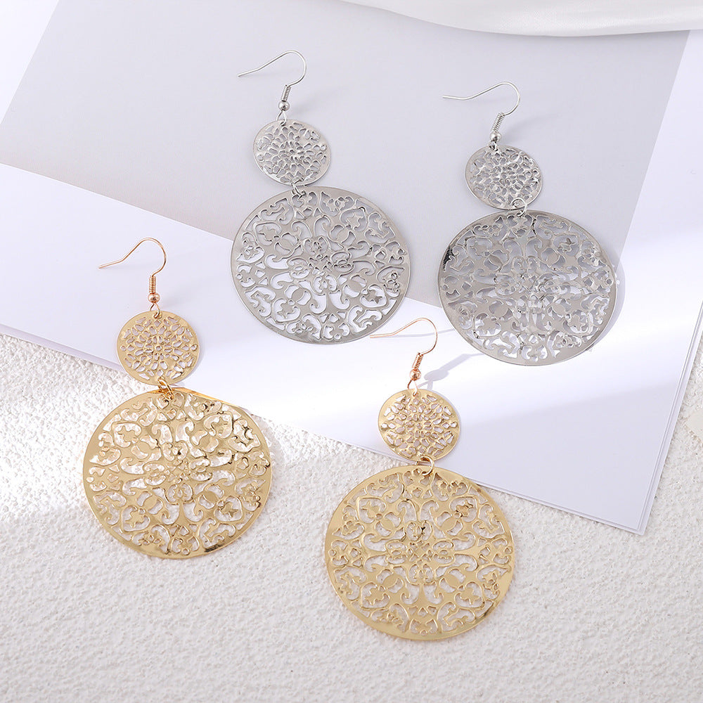 Wholesale Retro Hollow Out Gold Tone Round Metal Disc Earrings Chic Carved Jewelry Accessory