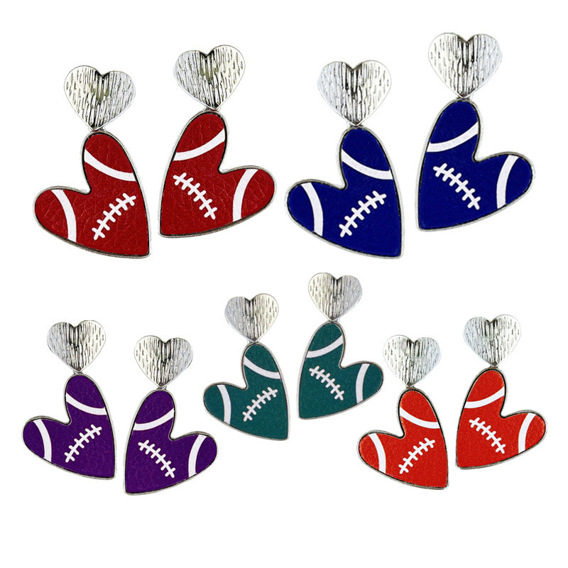 Wholesale 2 Pairs/pack Sports Season Football Heart Earrings Leather Metal Earrings ACC-ES-HY138
