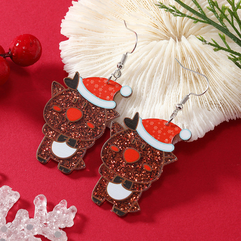 Wholesale  Christmas earrings fashion Christmas hat elk dinosaur acrylic printed earrings