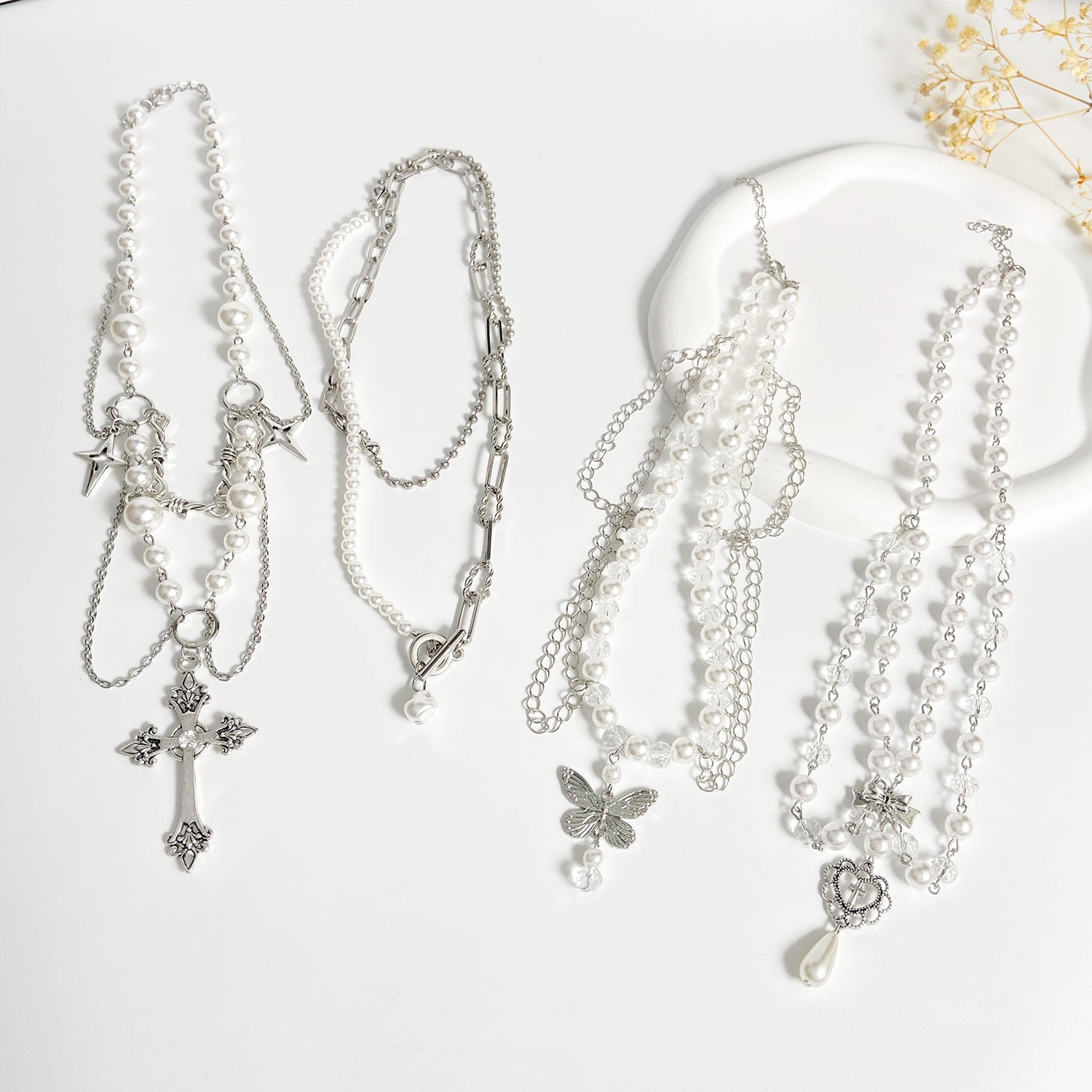 Wholesale Fashion Layered Imitation Pearl Cross Heart Butterfly Necklace Alloy Jewelry for Women