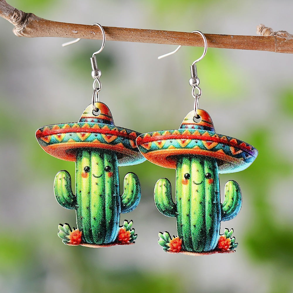 Wholesale Mexico Fifth Festival of the Dead Straw Hat Funny Cactus Pendant Earrings