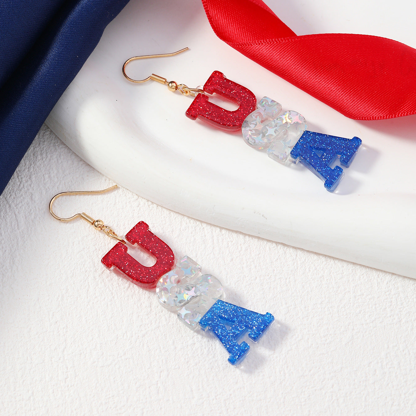 Wholesale American Independence Day Acrylic Three Color Spliced Glitter Earrings ACC-ES-MT007