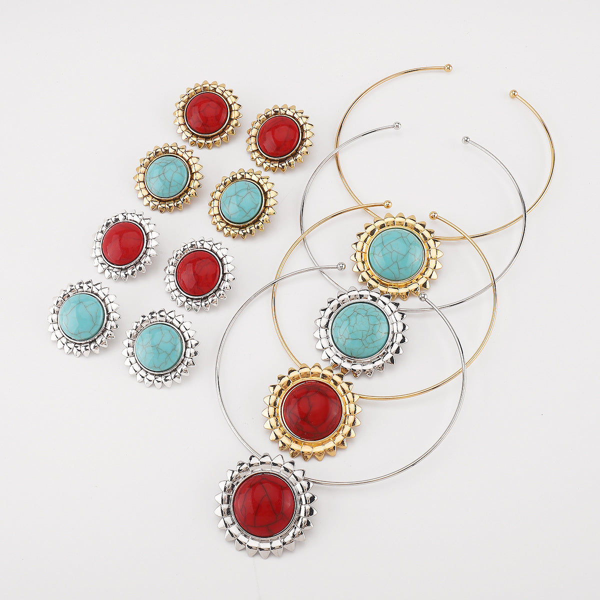 Wholesale  round turquoise inlaid flowers metal earrings collar light luxury necklace stud earrings