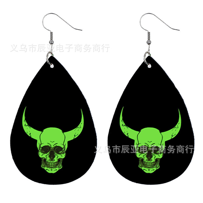 Wholesale Halloween Pumpkin Skull Fluorescent Green Luminous Leather Earrings ACC-ES-ChenY039