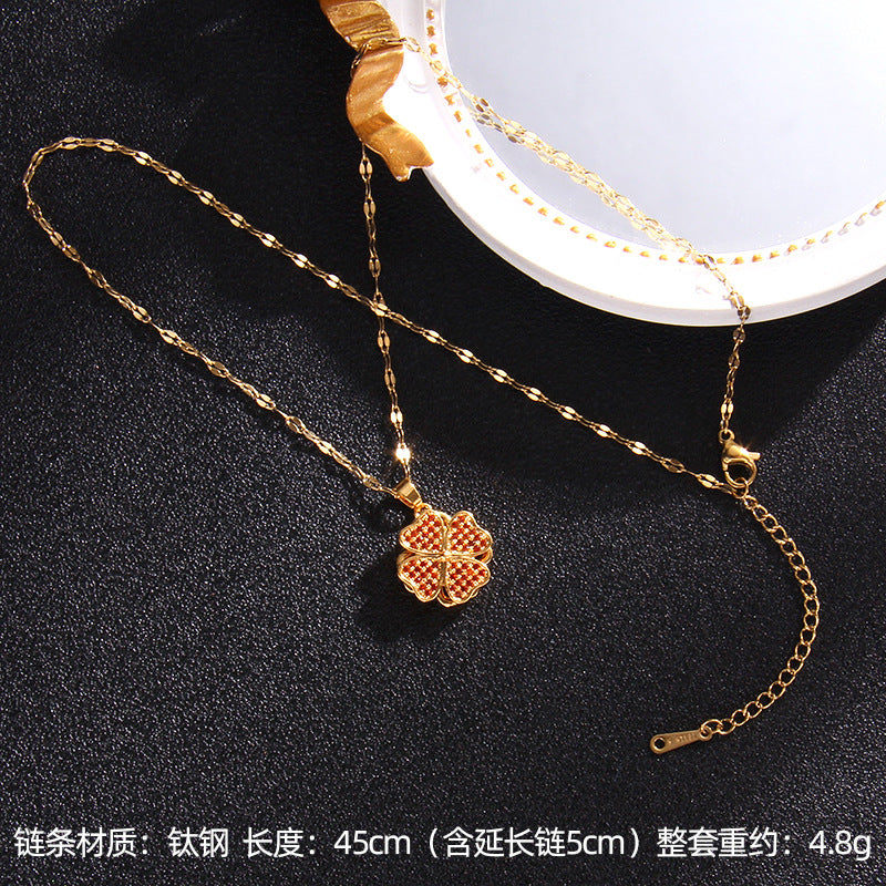 Wholesale Zircon Rotating Four Leaf Clover Flower Pendant Titanium Steel Necklace ACC-NE-Rongc006
