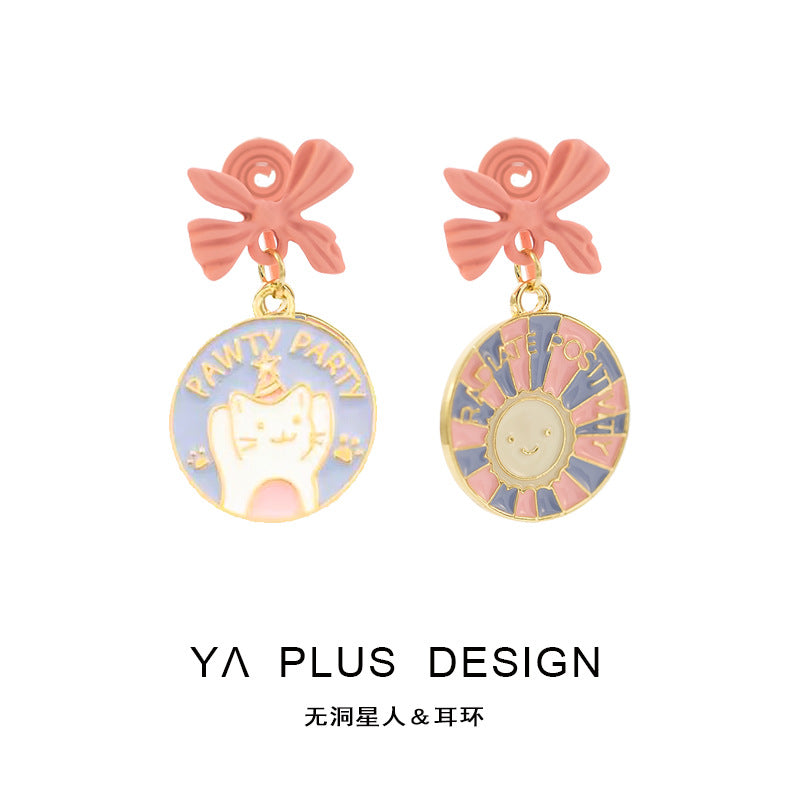 Wholesale Electroplated Alloy Pink Bow Cat Earrings Sweet Fashion Accessory for Girls Gift