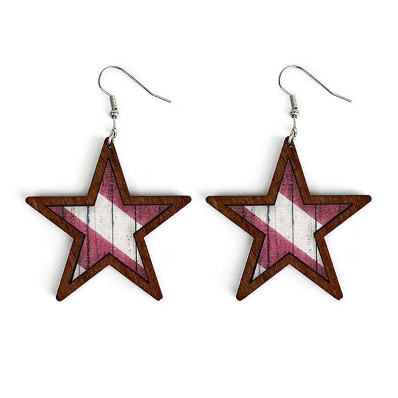 Wholesale American Independence Day Western Style Pentagram Wooden Earrings ACC-ES-XinChuan015