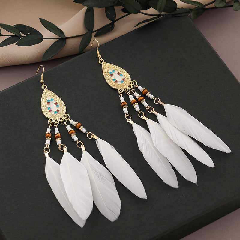 Wholesale Vintage Bohemian Long Feather Tassel Earrings ACC-ES-ZhiShifang002
