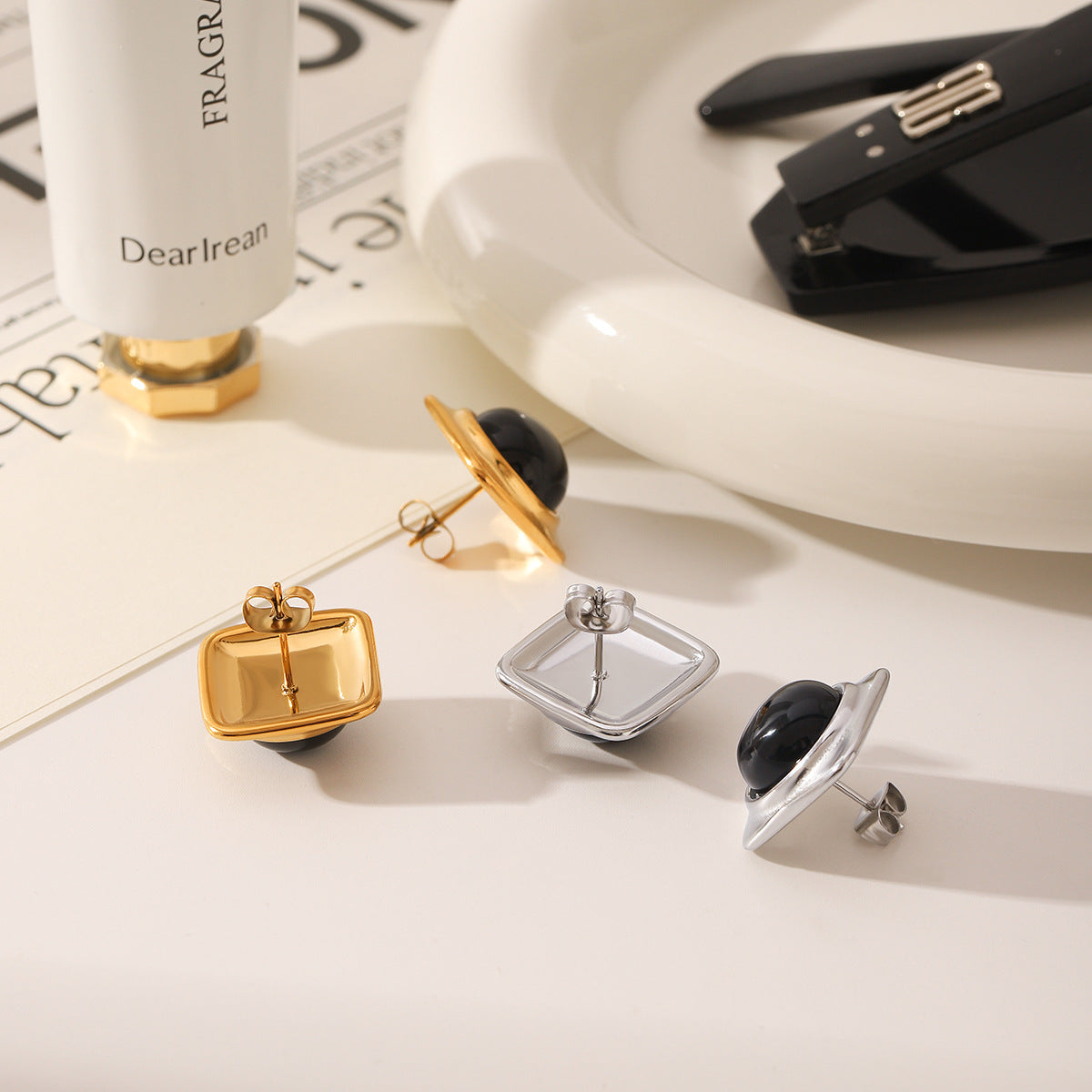 Wholesale  Stainless Steel 18K Gold Inlaid Obsidian Small Square Earrings