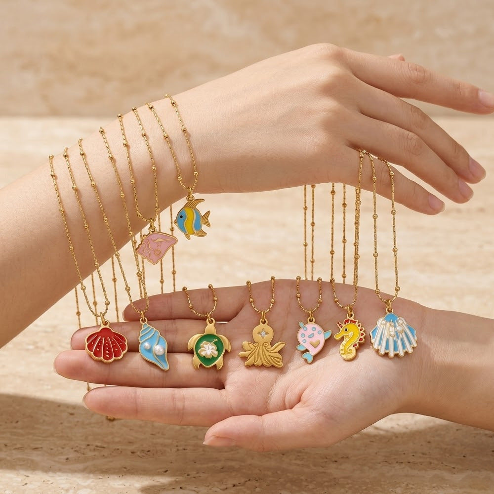 Wholesale Ocean Style Titanium Steel   Enamel Sea Turtle and Starfish Necklace