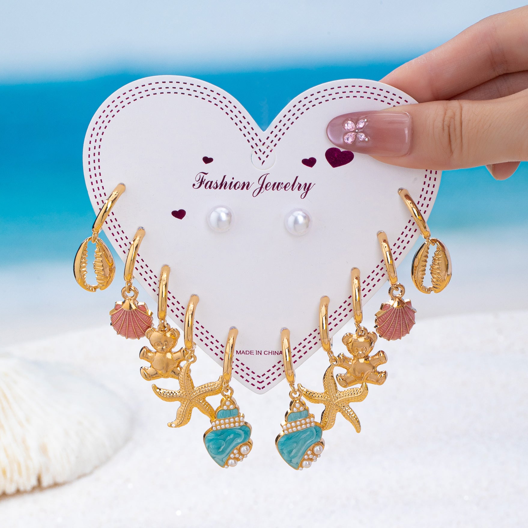 Wholesale Zinc Alloy Ocean Starfish Shell Earrings Set 6 Pairs Stylish Beach Vacation Jewelry Accessory Boutique Resale Gift