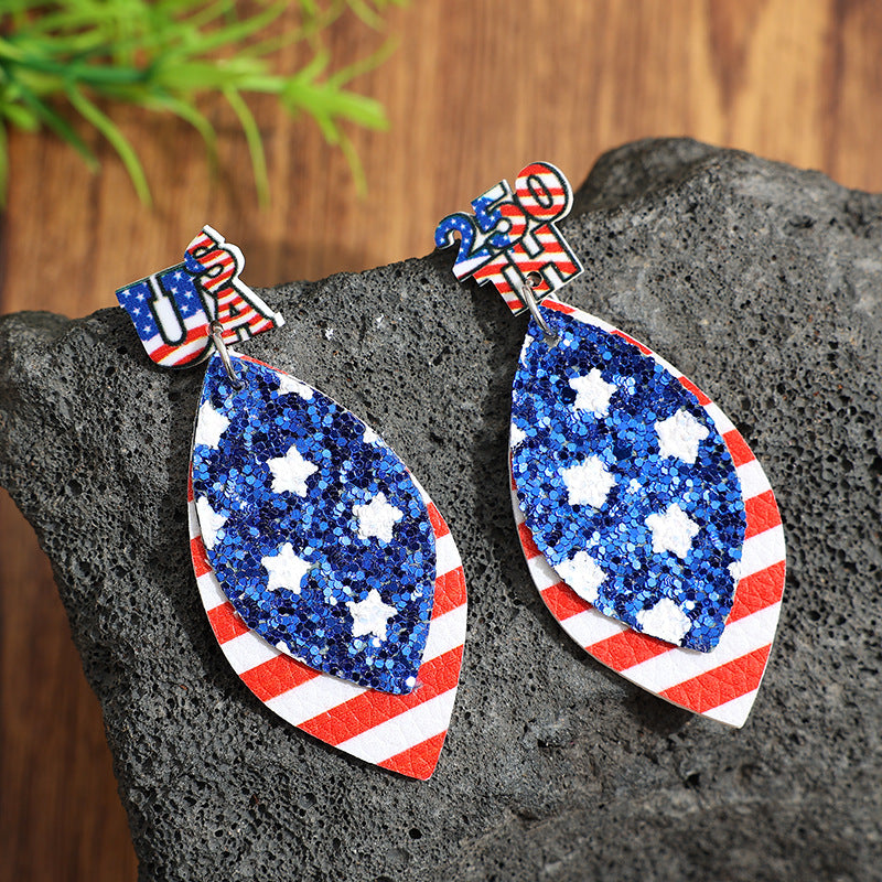 Wholesale Thre Layer Teardrop American Flag and Star Sequin Earrings