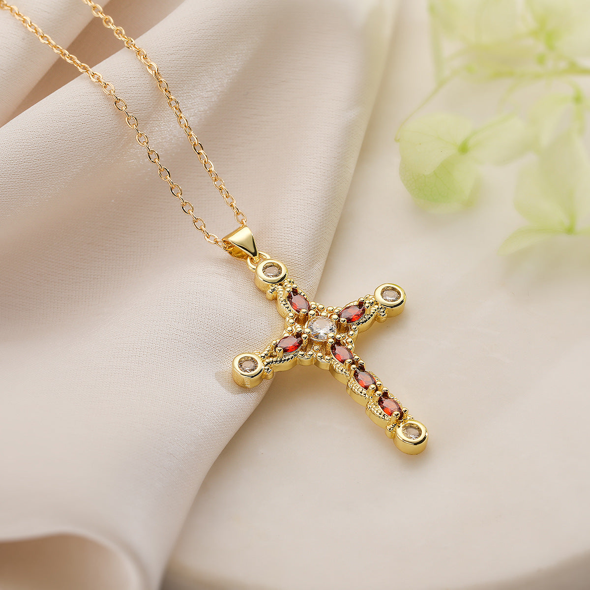Wholesale Copper Plated Real Gold Zircon Cross Pendant Necklace ACC-NE-AoGu003