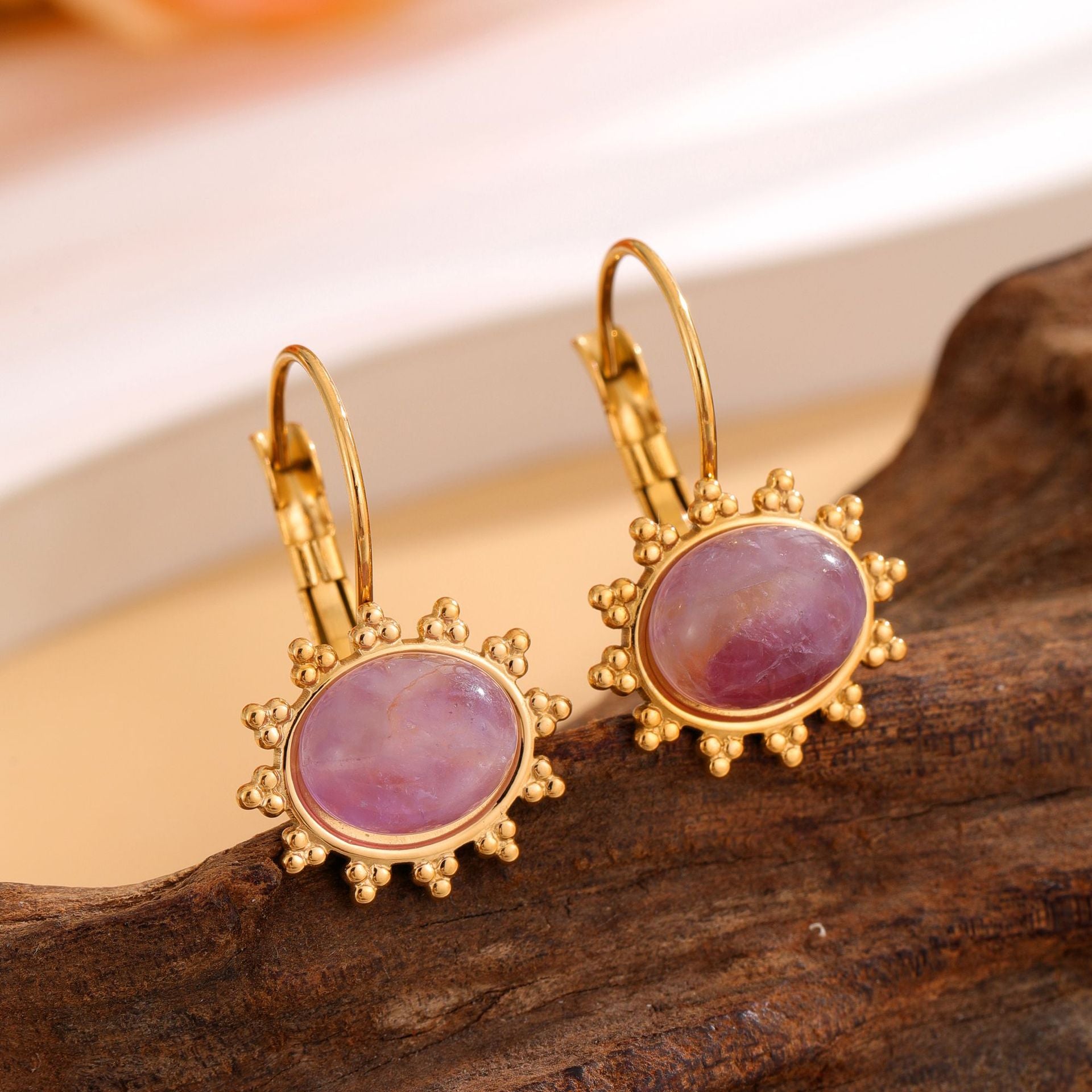 Wholesale Stainless Steel Golden Flower  Natural Stone Pendant Earrings