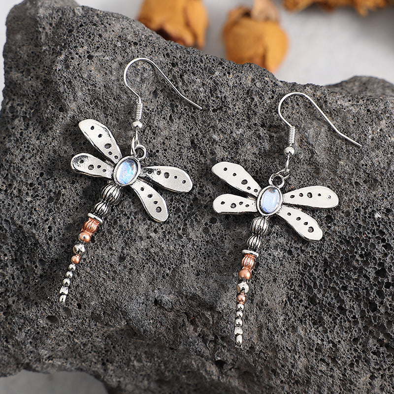 Wholesale  retro design sense Dragonfly earrings creative insects moonstone earrings