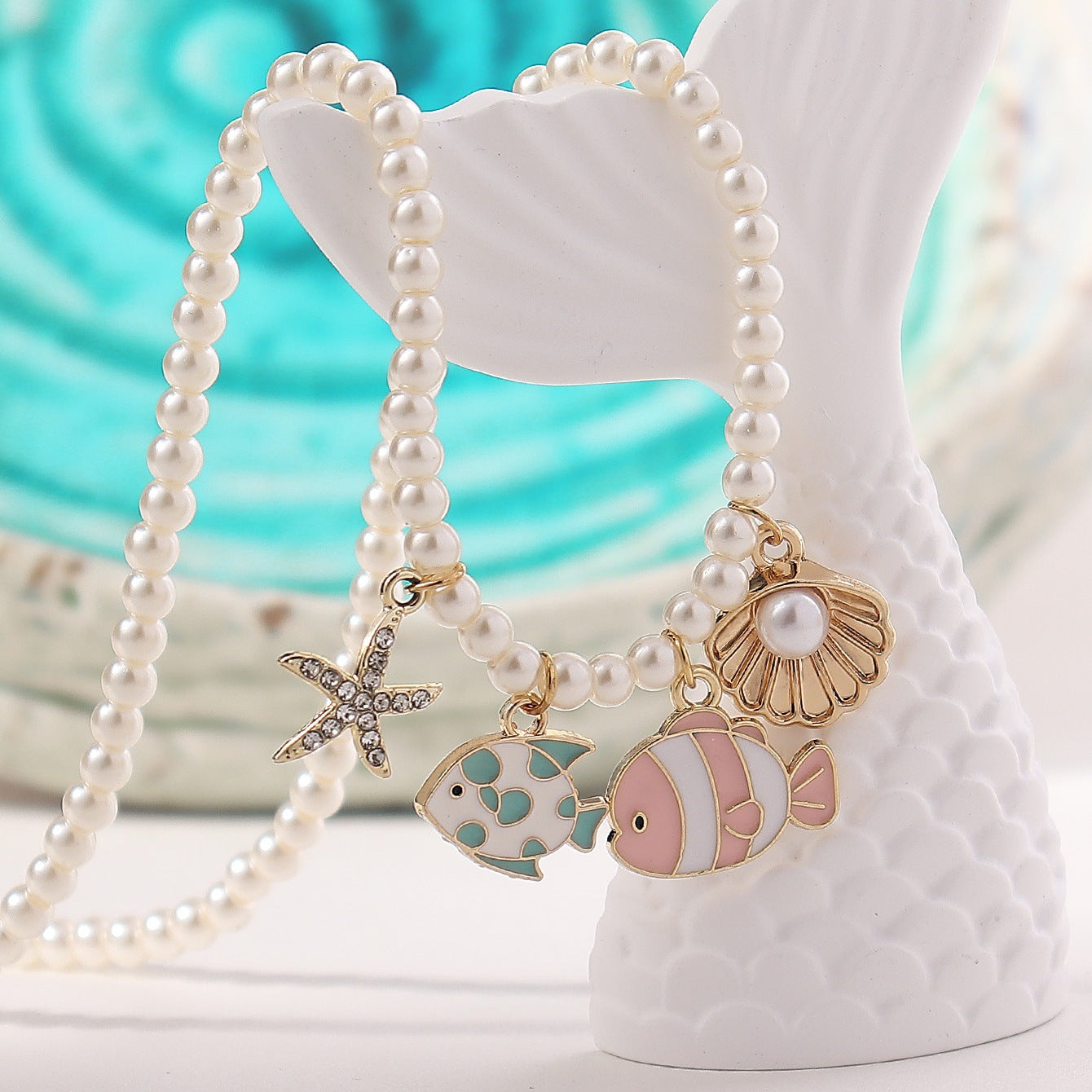 Wholesale Pearl cute cartoon small fish starfish shell necklace