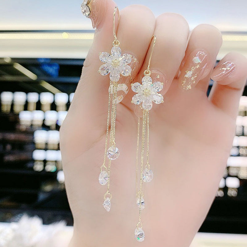 Wholesale White Zircon Flower Earrings Five-petal Flower Tassel Flower Earrings ACC-ES-Huzhe007