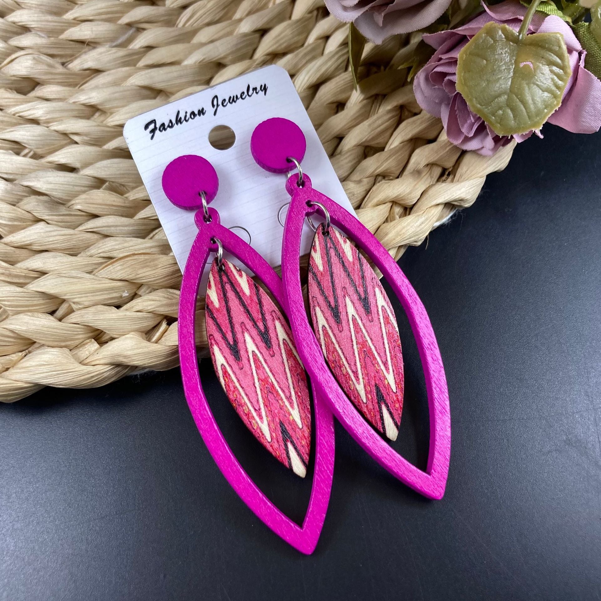 Wholesale Vintage Bohemian Geometric Wooden Leaf Earrings ACC-ES-FX012