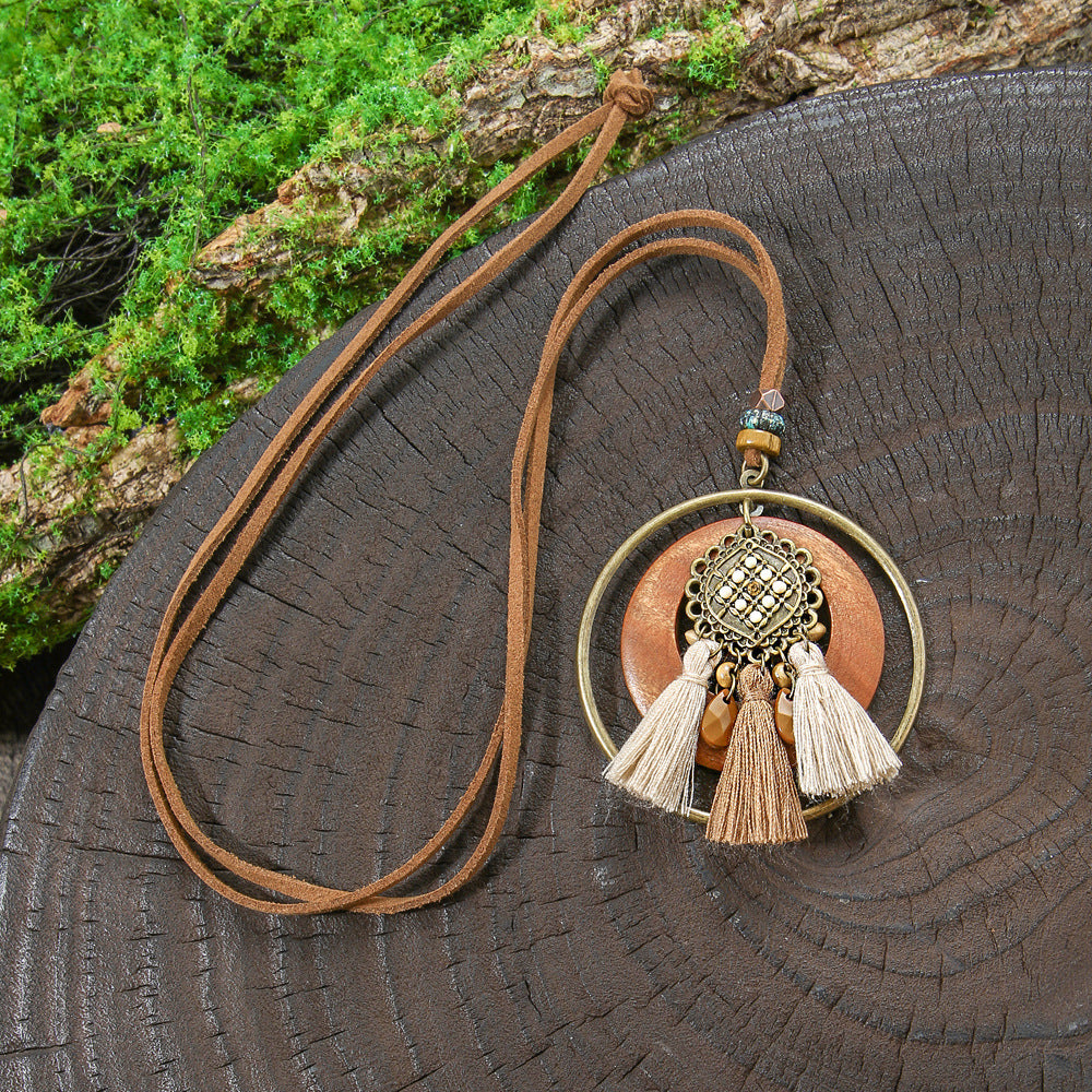Wholesale Zinc Alloy Bohemian Ethnic Style Long Necklace with Wooden Tassel