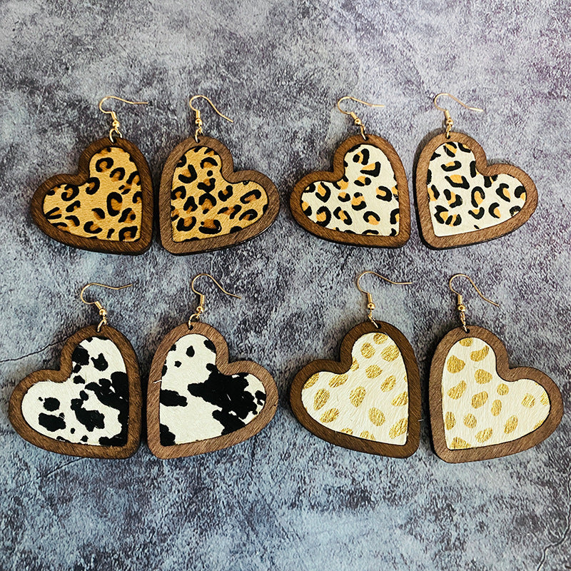 Wholesale Leopard Pattern Cow Pattern Heart Shaped Wooden Earrings ACC-ES-XinChuan010