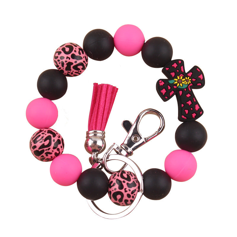 Wholesale New Silicone Beaded Keychain Pendant Leather Small Tassel Print Leopard Print Wooden Bead Bracelet Keychain Accessories ACC-KC-GuangTian036