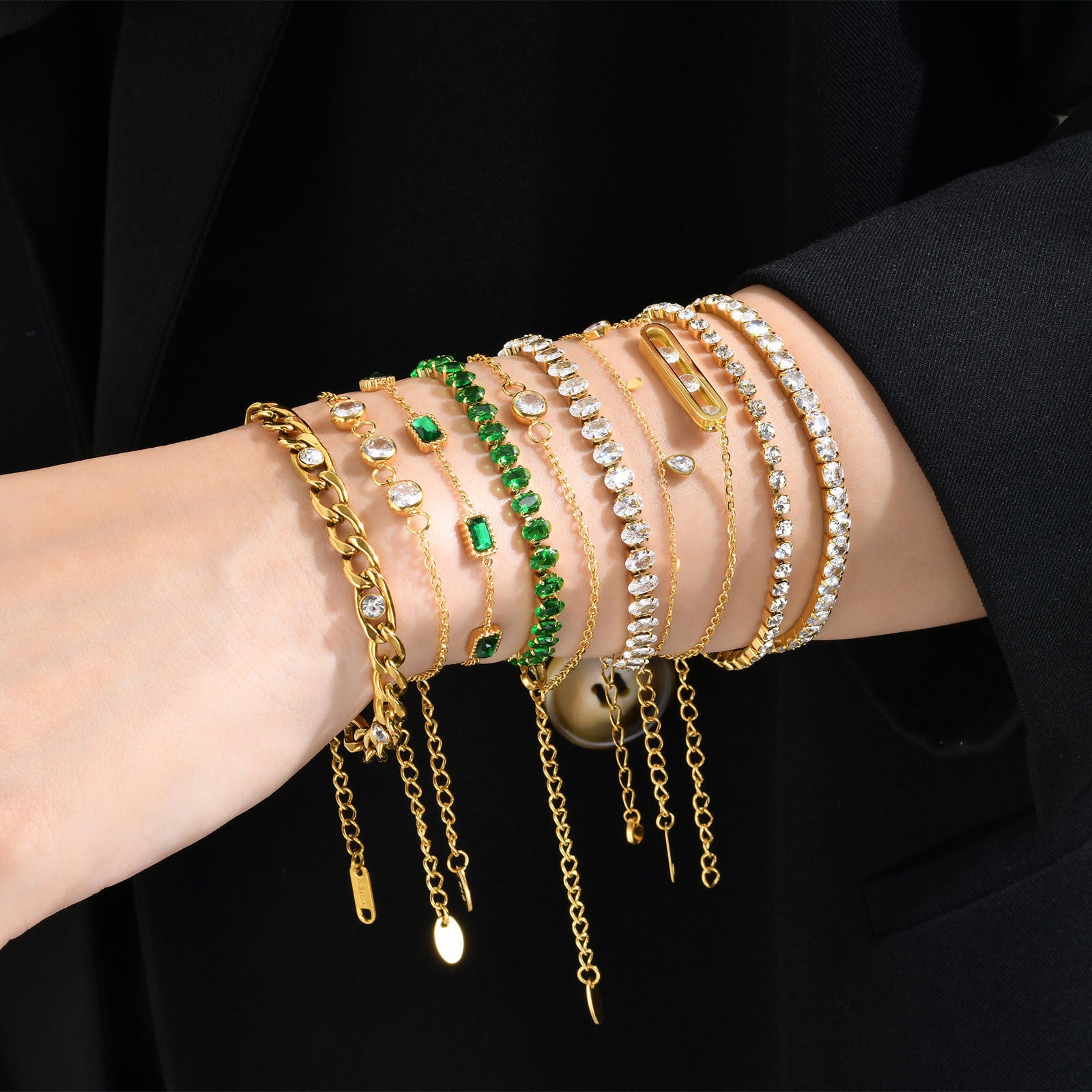 Wholesale Stainless Steel Gold Green Zircon Layered Bracelet For Women Stylish Fashion Jewelry Accessory Gift