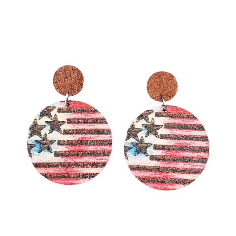 Wholesale retro style American Independence Day carved five-pointed star striped wooden earrings ear studs