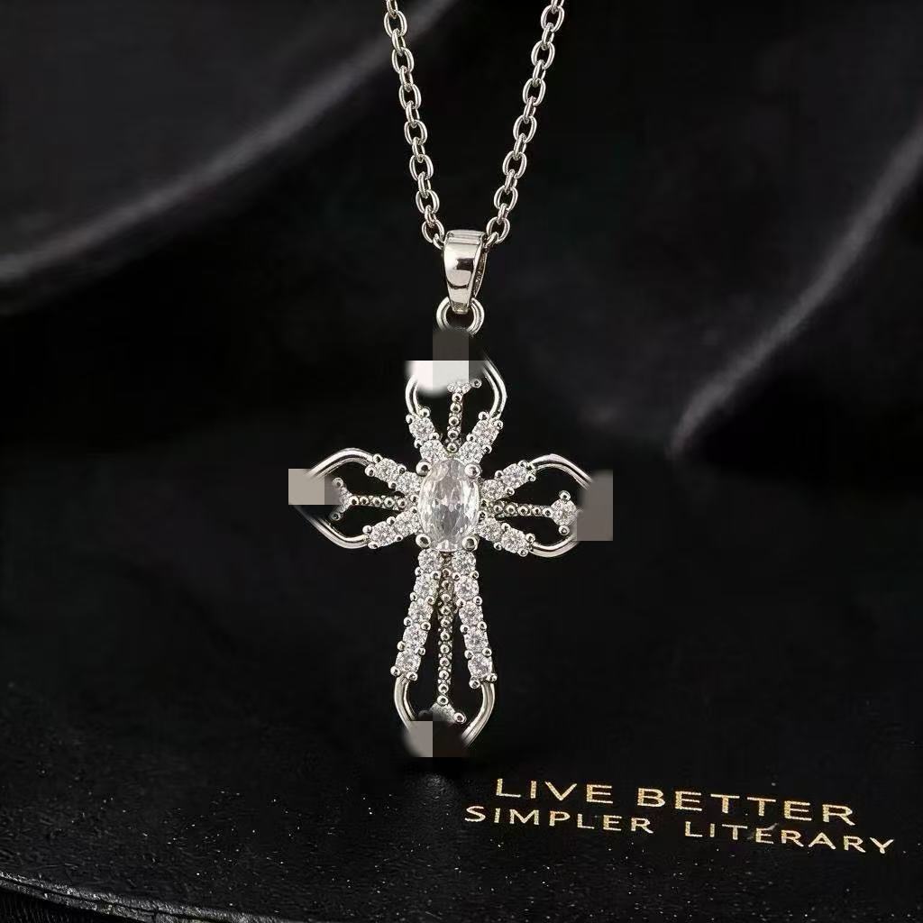 Wholesale Gold Plated Copper Zircon Cross Pendant Necklace With Bow Design For Women Stylish Casual Jewelry Accessory For Boutique Resale