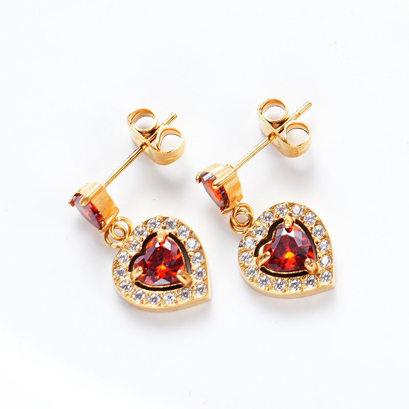 Wholesale Titanium steel heart-shaped earrings inlaid with rhinestones