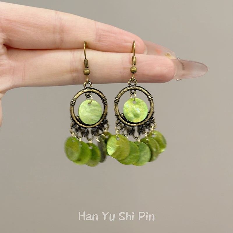 Wholesale Vintage Green Geometric Tassel Earrings Electroplated Mixed Material Jewelry Accessory