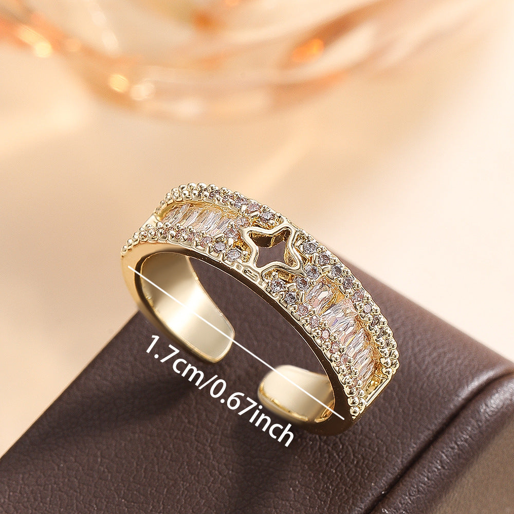 Wholesale Gold C Shape Round Bead Ring Open Adjustable Copper Zircon Jewelry Accessory Trendy Boutique Gift