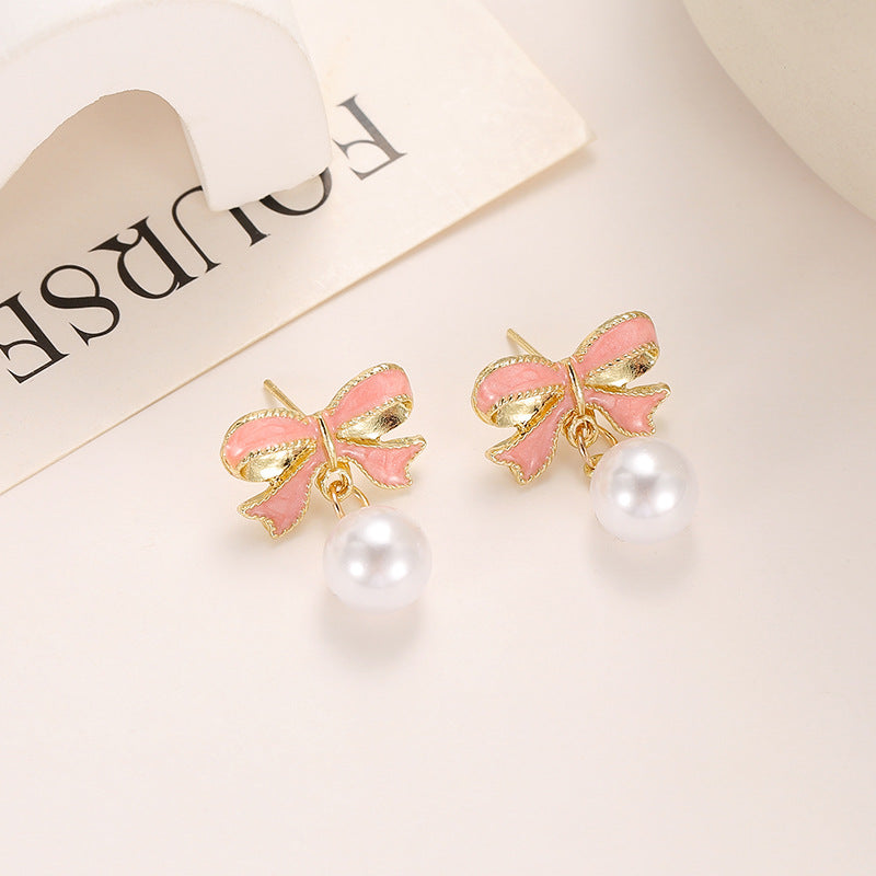 Wholesale Bow Dropping Oil 925 Silver Pin Fashion Bow Diy Tassel Earrings