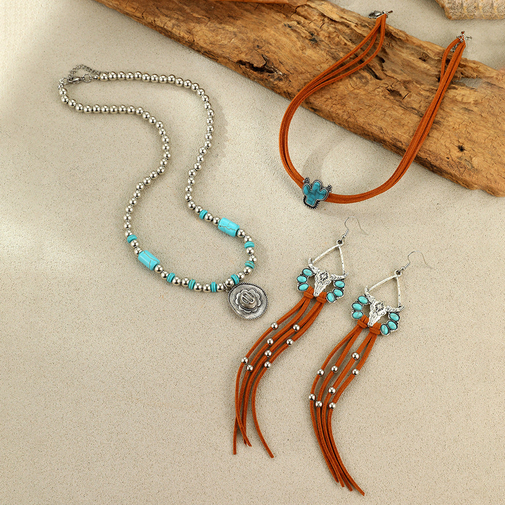 Wholesale Vintage Western Cowboy Cactus Turquoise Earrings and Clavicle Necklace Set