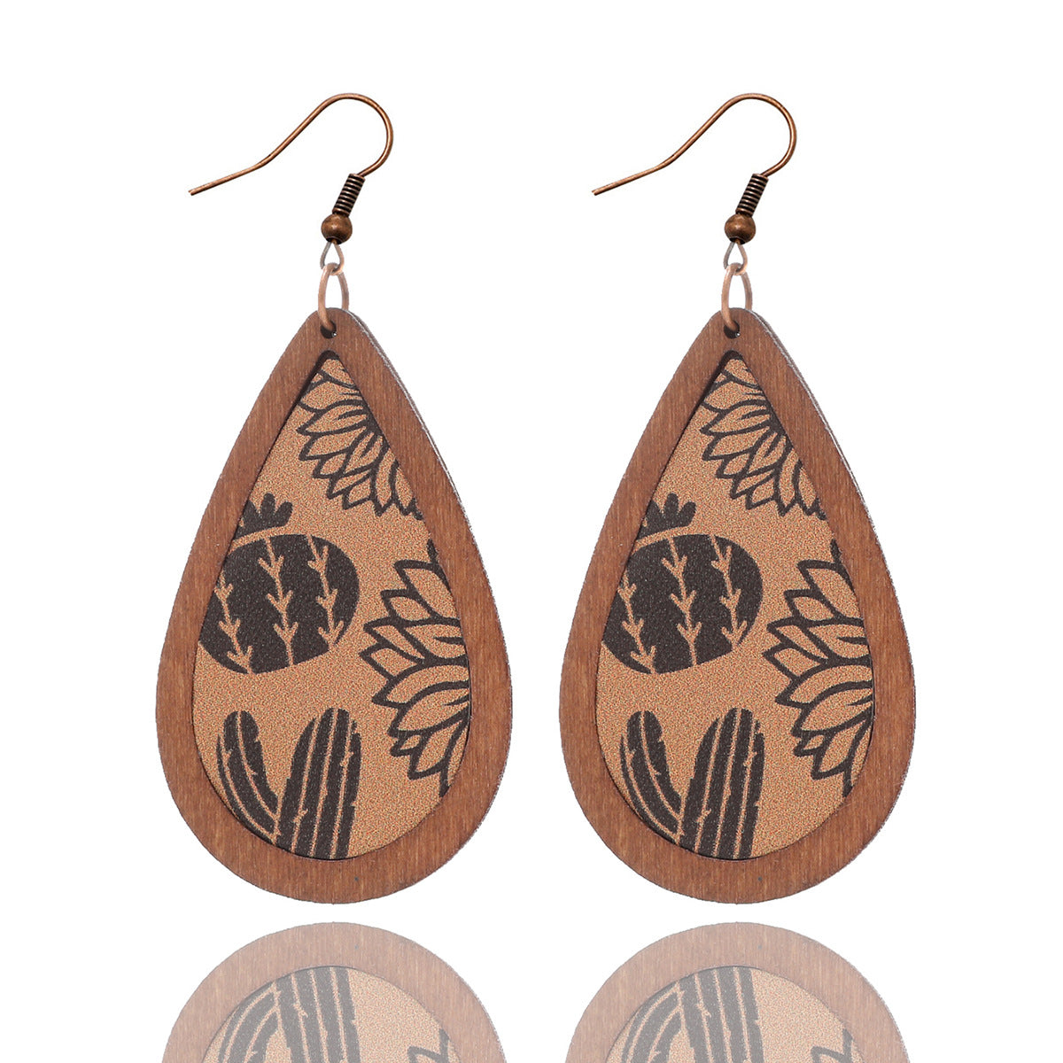 Wholesale Denim Cactus Cow Head Vintage Totem Pattern Leather Wood Earrings