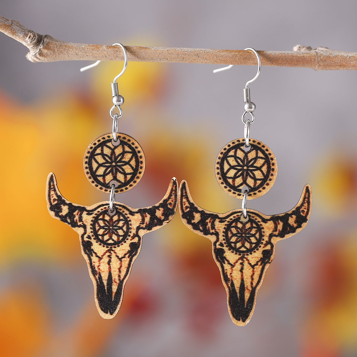 Wholesale Western Ethnic Aztec Geometric Pattern Cow Head Pendant  Double-sided Earrings