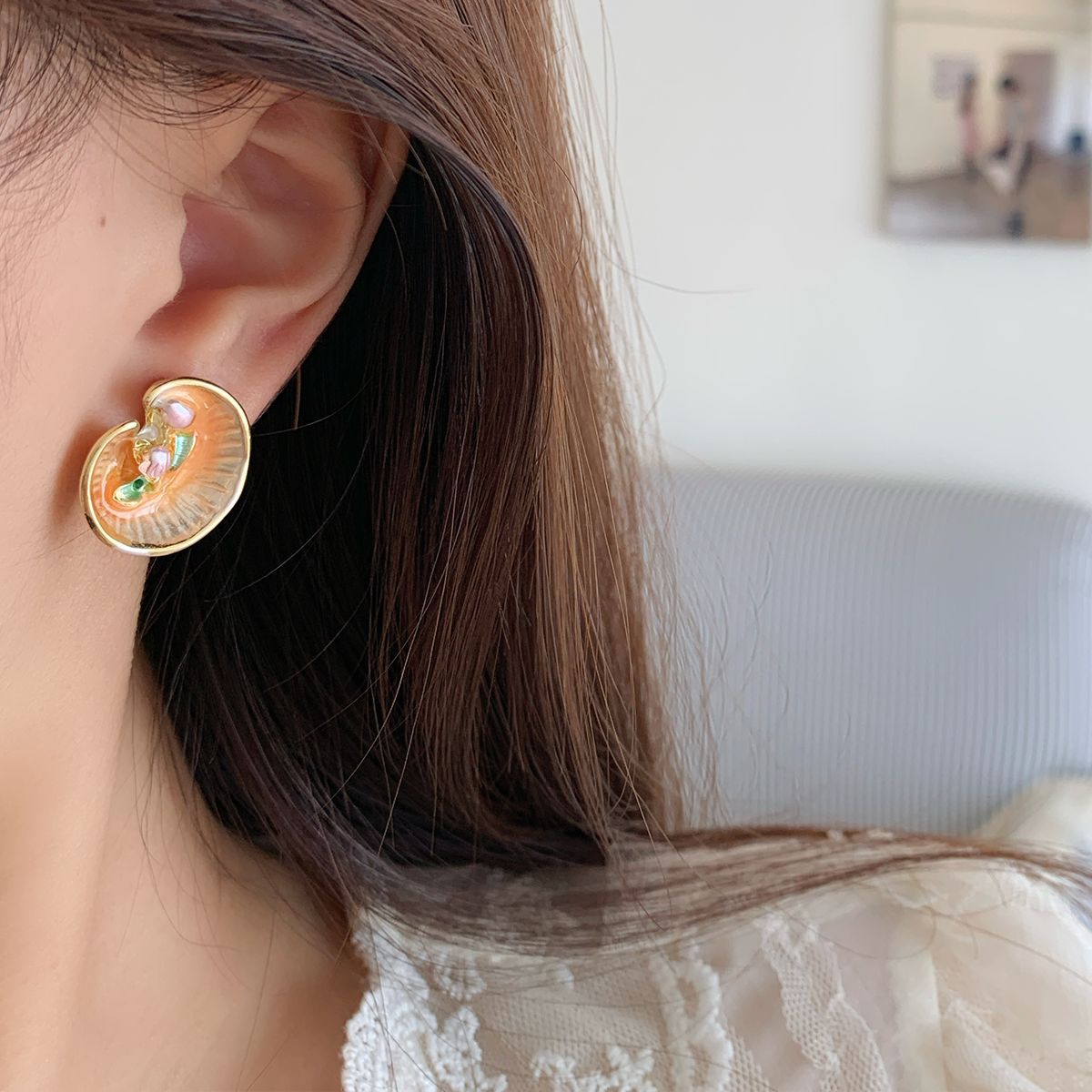 Wholesale oil painting pearl Monet garden earrings silver needle exquisite  design sense of medieval earrings