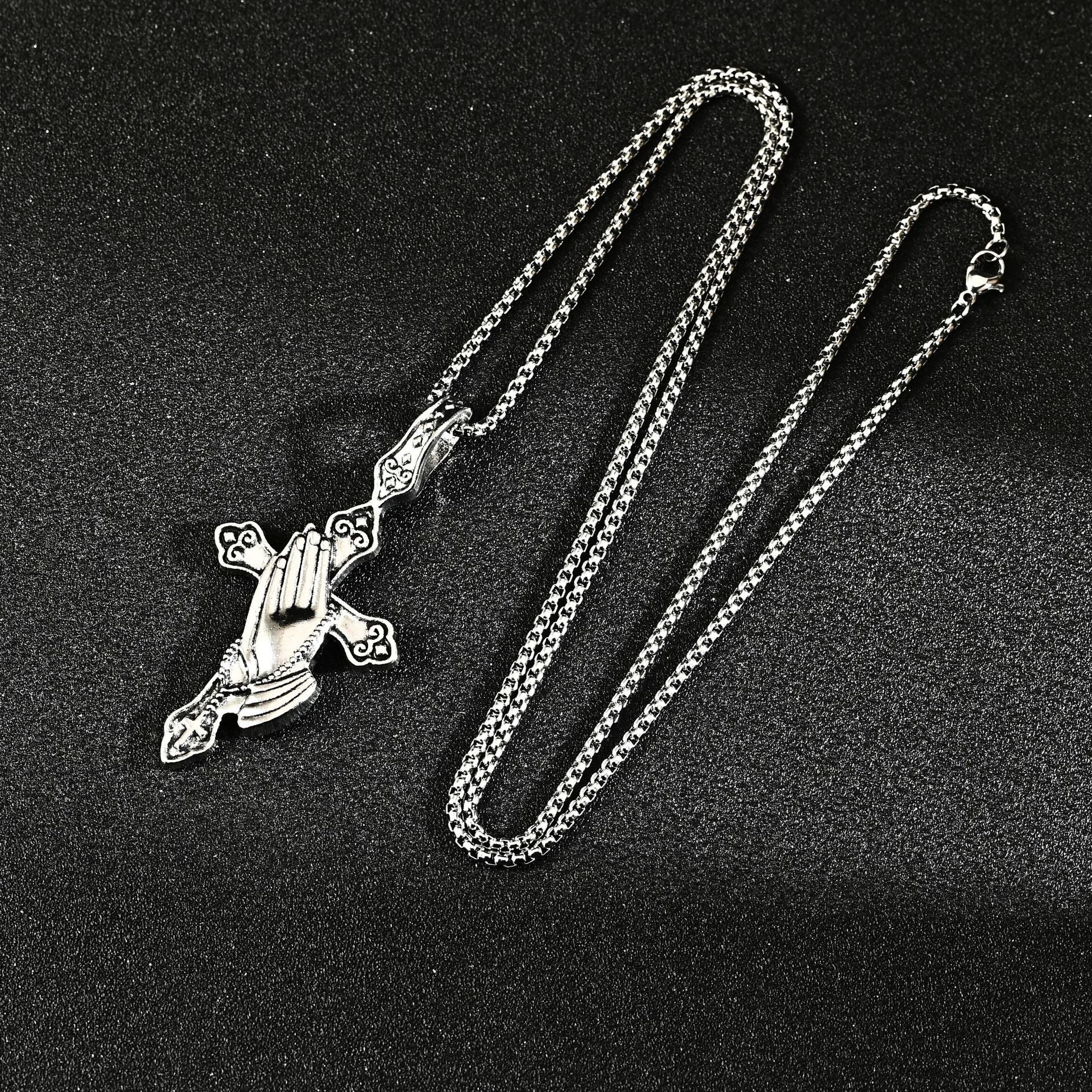 Wholesale Titanium Steel Retro Praying Hands Pendant Necklace Trendy Jewelry Accessory Boutique Resale