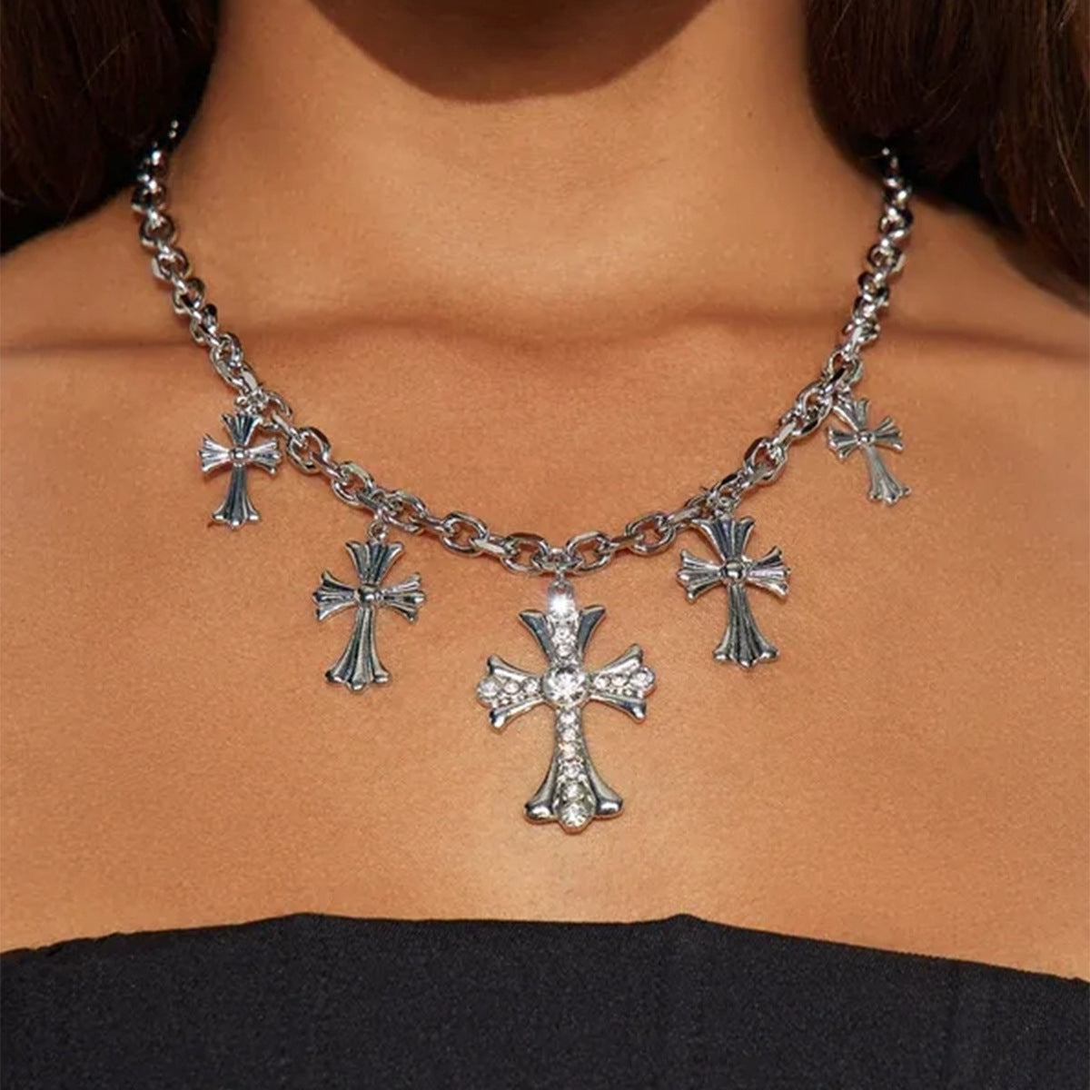 Wholesale Double Layer Cuban Chain Cross Pendant Necklace Zinc Alloy Electroplated Hip Hop Style Fashion Accessory for Men