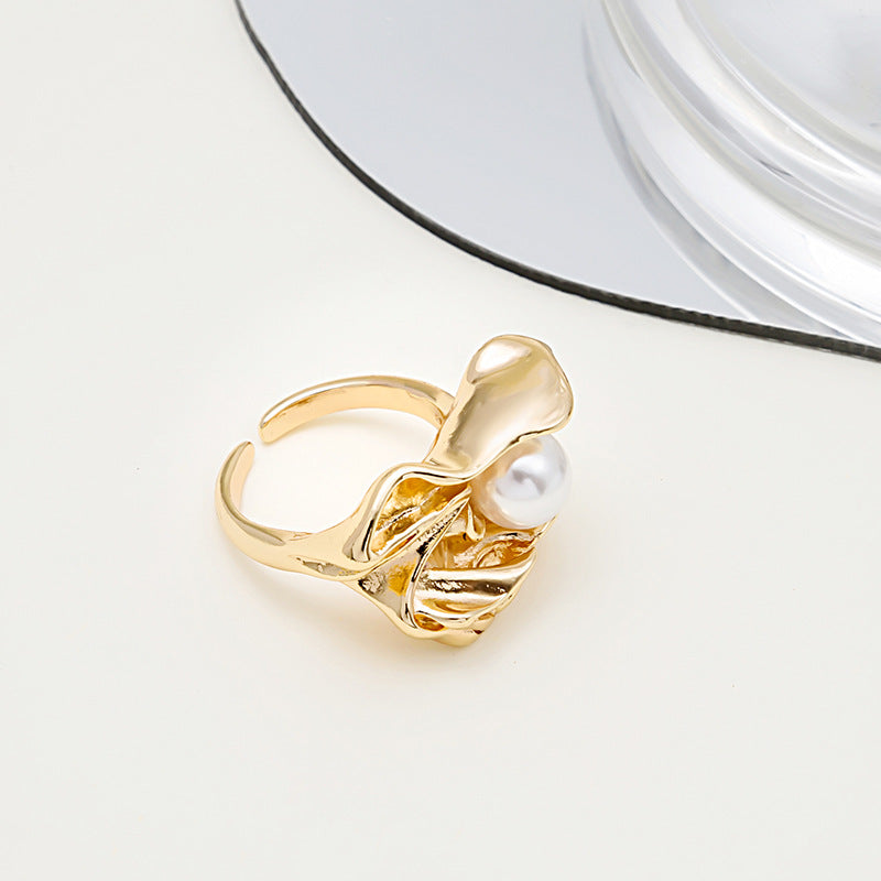 Wholesale Shell Crinkle Pearl Open Adjustable Ring