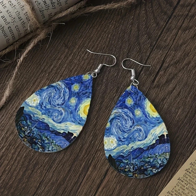 Wholesale Vintage  Art Oil Painting Pattern Leather Earrings