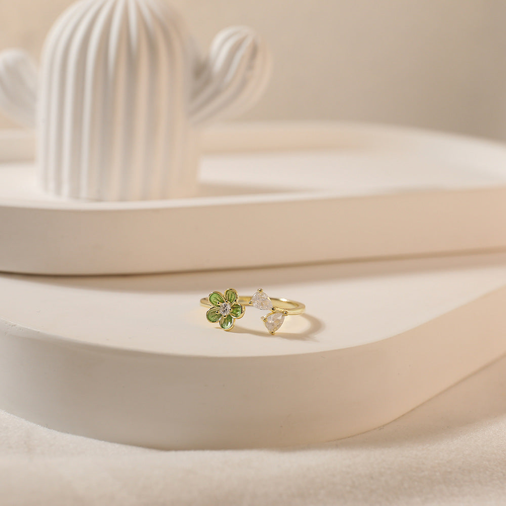Wholesale 925 Silver Exquisite Diamond Drop Glaze Green Flower Mori Style Refreshing Ring