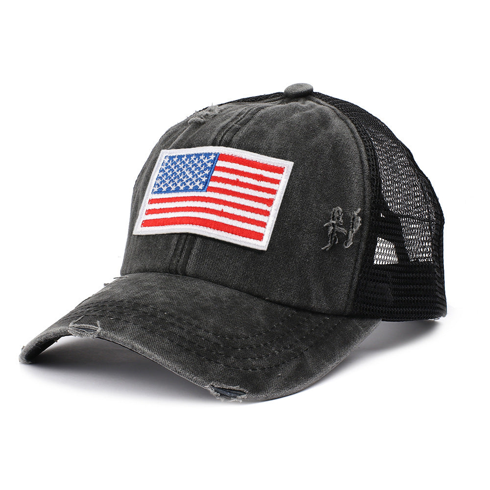 Wholesale Washed Ripped Mesh Cap Independence Day American Flag Embroidered Baseball Cap